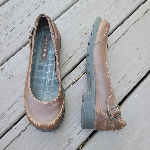 Vintage 90s y2k Brown Faux Leather Chunky Heel Oxford Buckle Preppy Loafers 8.5 - Picture 1 of 8